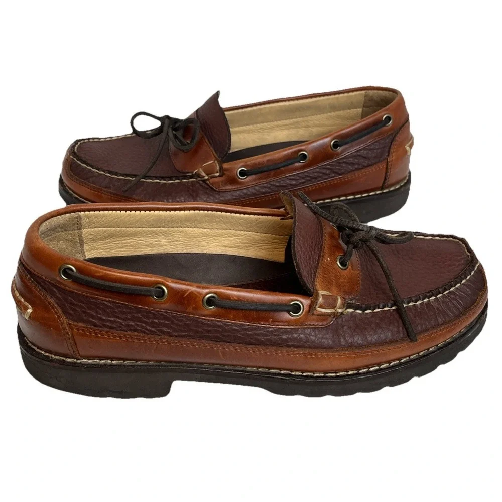 L.L. Bean Allagash Mens 10.5 EE Bison Leather Boat Shoes Slip-On Mock Toe 273080